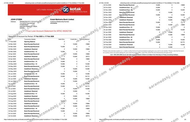 India Kotak Mahindra Bank account statement Word and PDF template, 2 pages